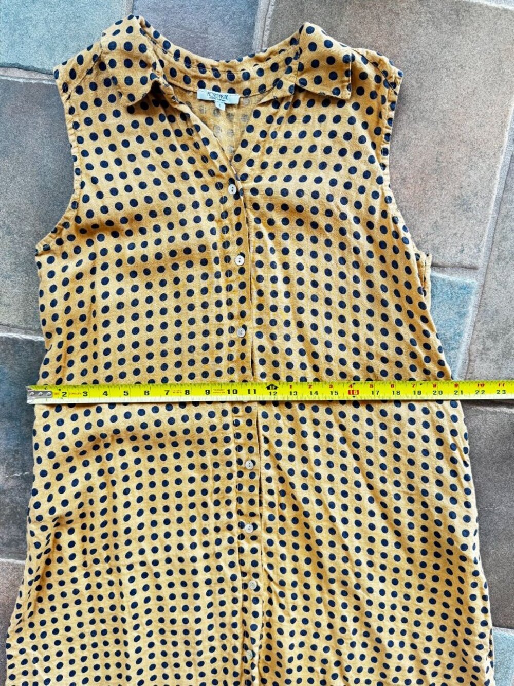 Polka Dot Sleeveless Button-Down High-Low Dress Mustard Yellow Navy Pockets - Picture 4 of 7